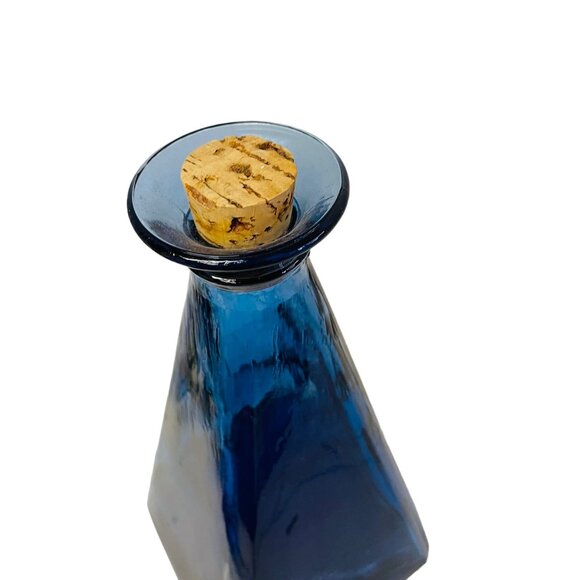 Vintage Blue Glass Pyramid Bottle With Cork Stopper - Picture 2 of 6